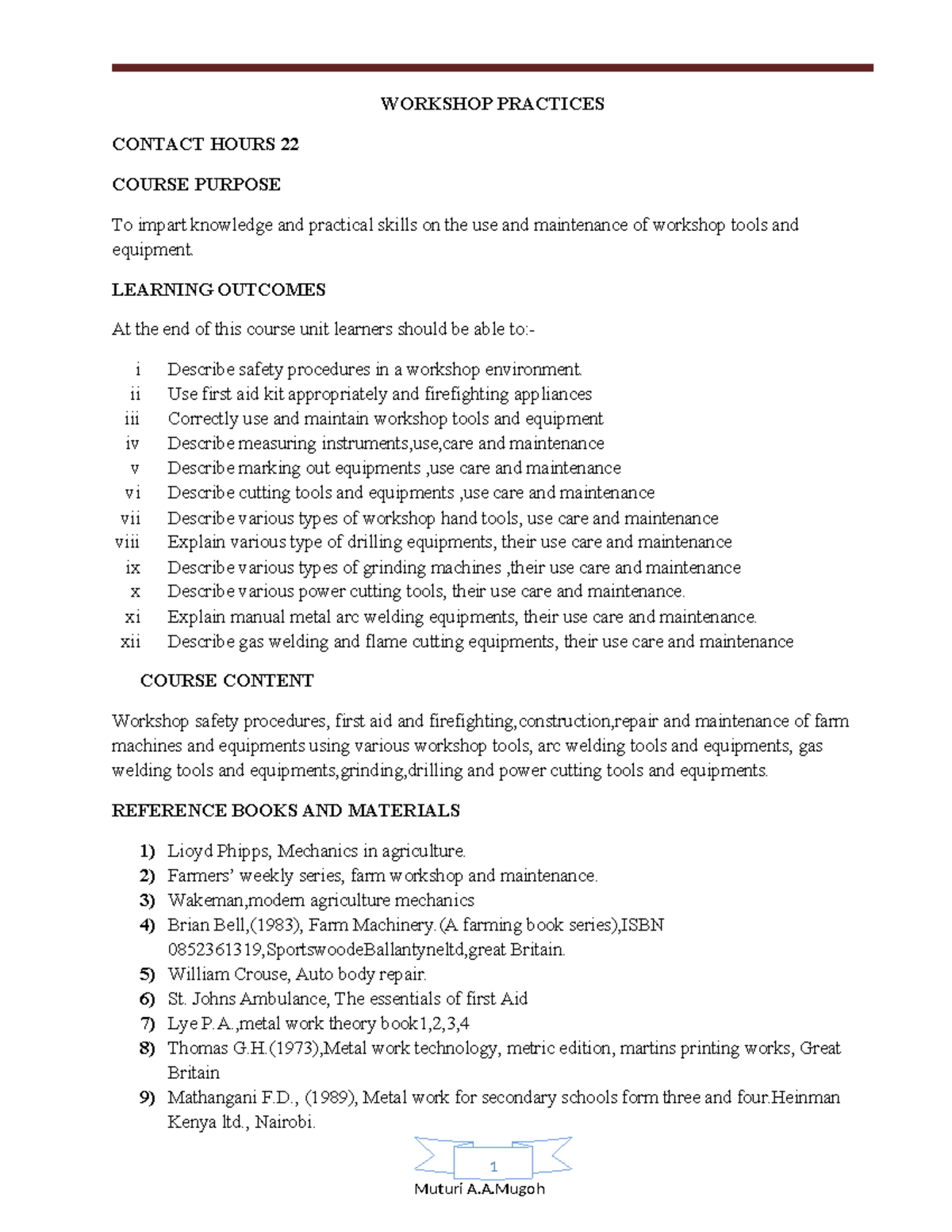 Workshop Practices and Safety Procedures (ENG 22) - Studocu