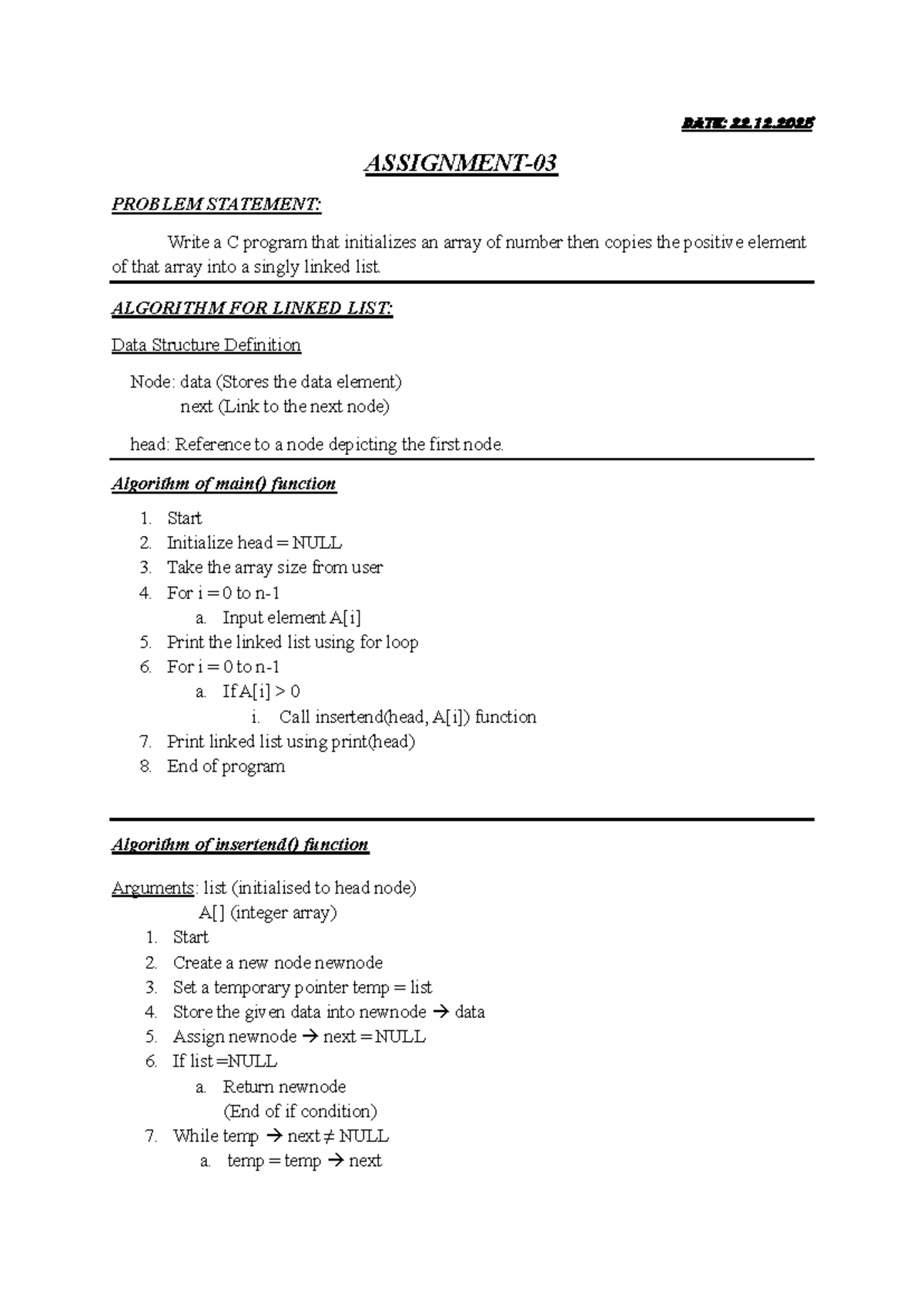 Assignment 03: C Program for Array to Linked List Conversion - Data ...