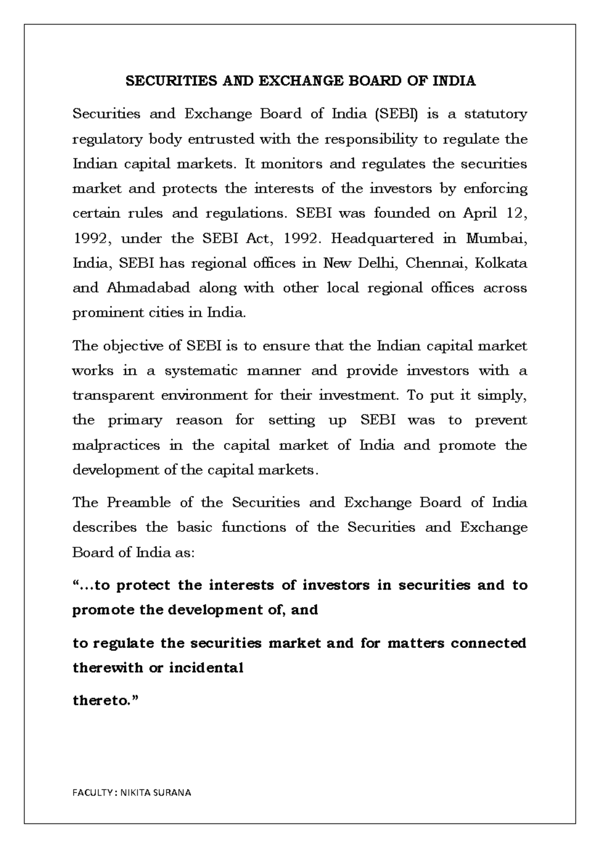 SEBI & RBI: Overview and Functions - Notes for Finance Course - Studocu