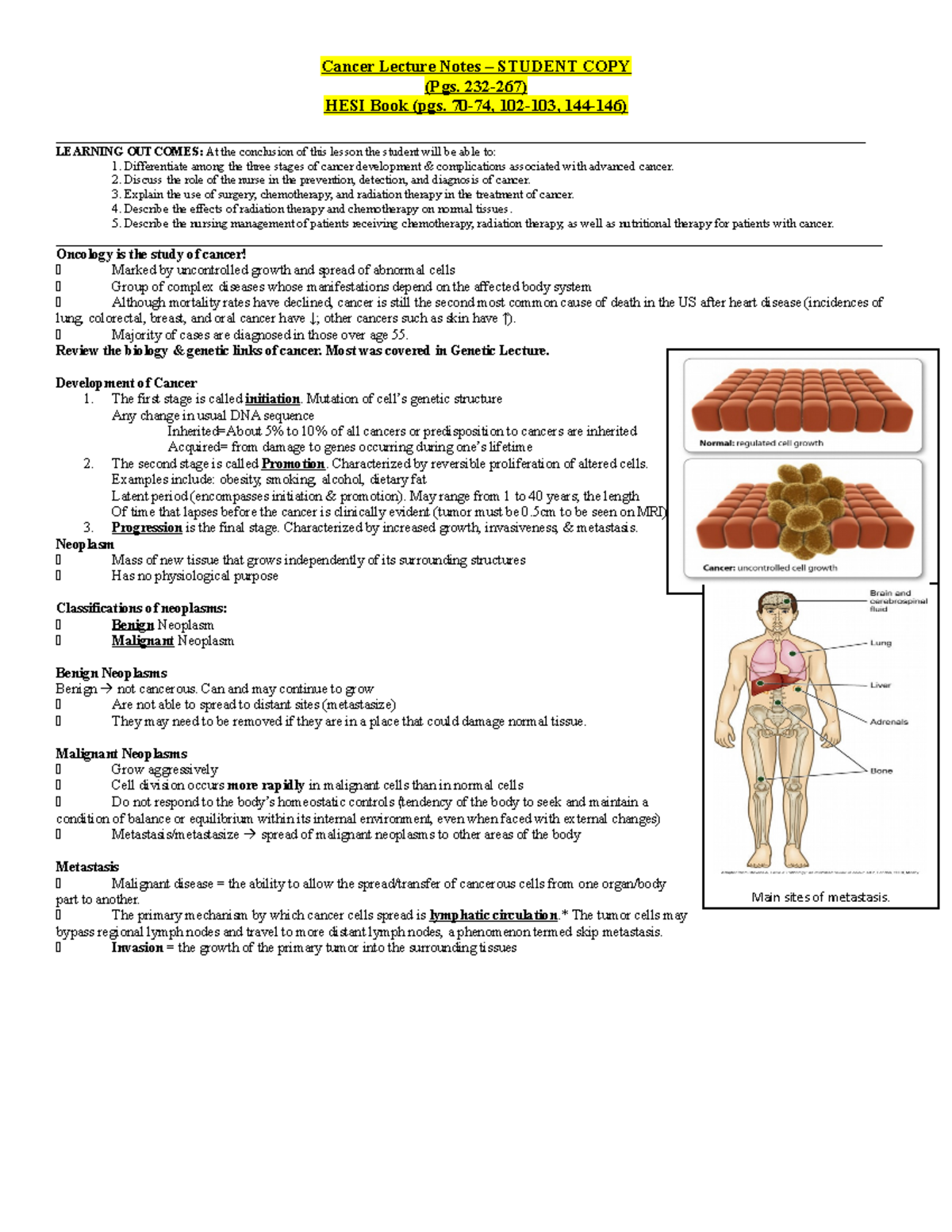 Cancer Lecture Notes (3rd Sem) - Key Concepts & Treatment Options - Studocu