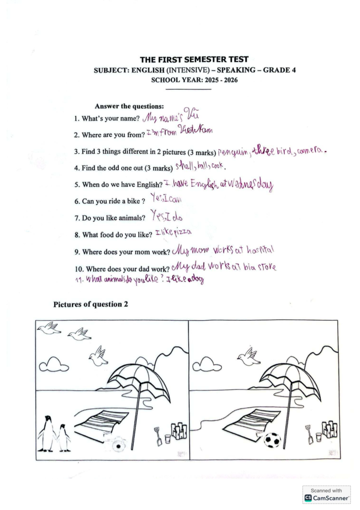 Grade 4 English Intensive Speaking Test - Semester 1 (2025-2026) - Studocu