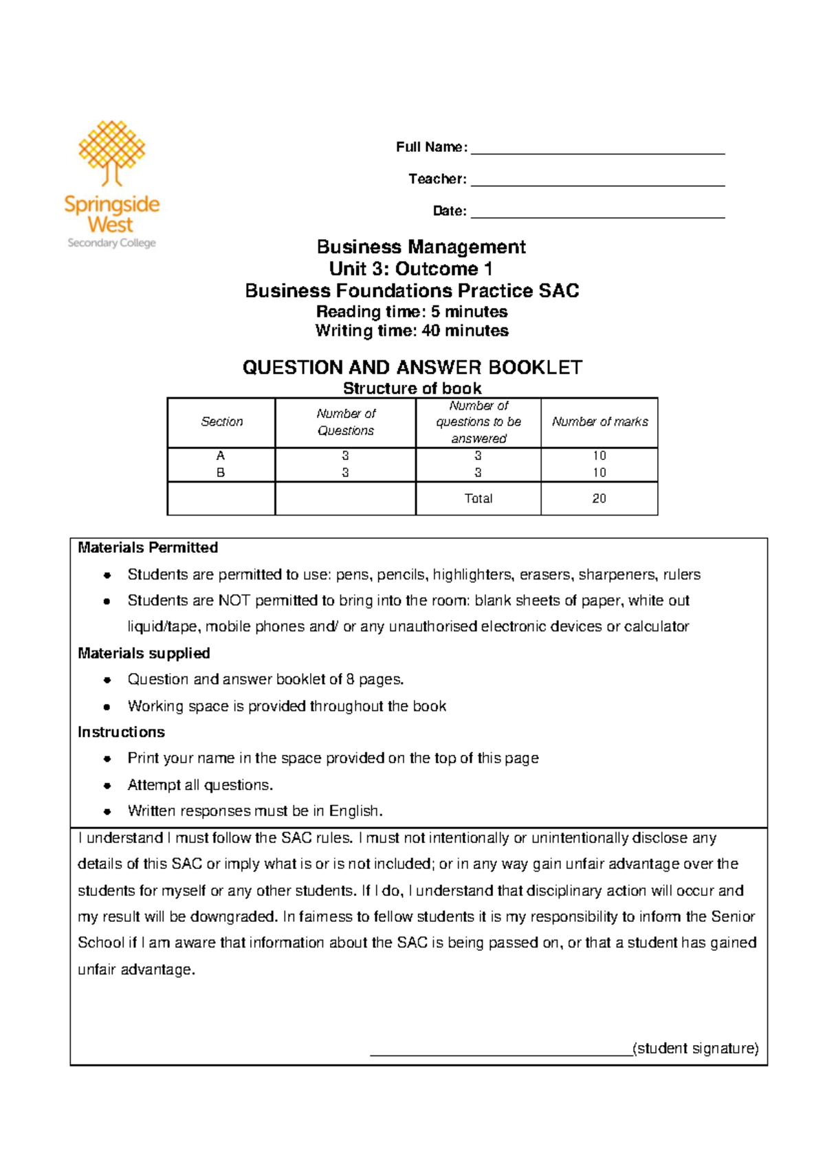 Unit 3 AOS 1 Business Foundations Practice SAC 2.1 (Difficult) - Full ...