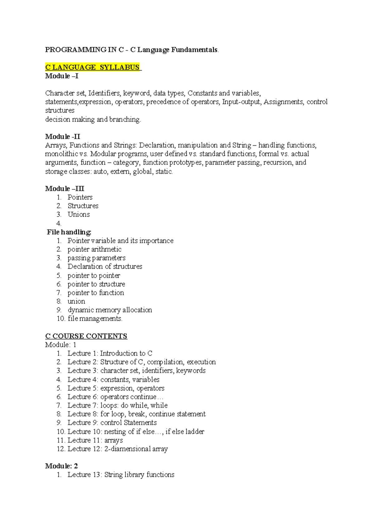 C Programming Language Fundamentals: Course Syllabus and Notes - Studocu