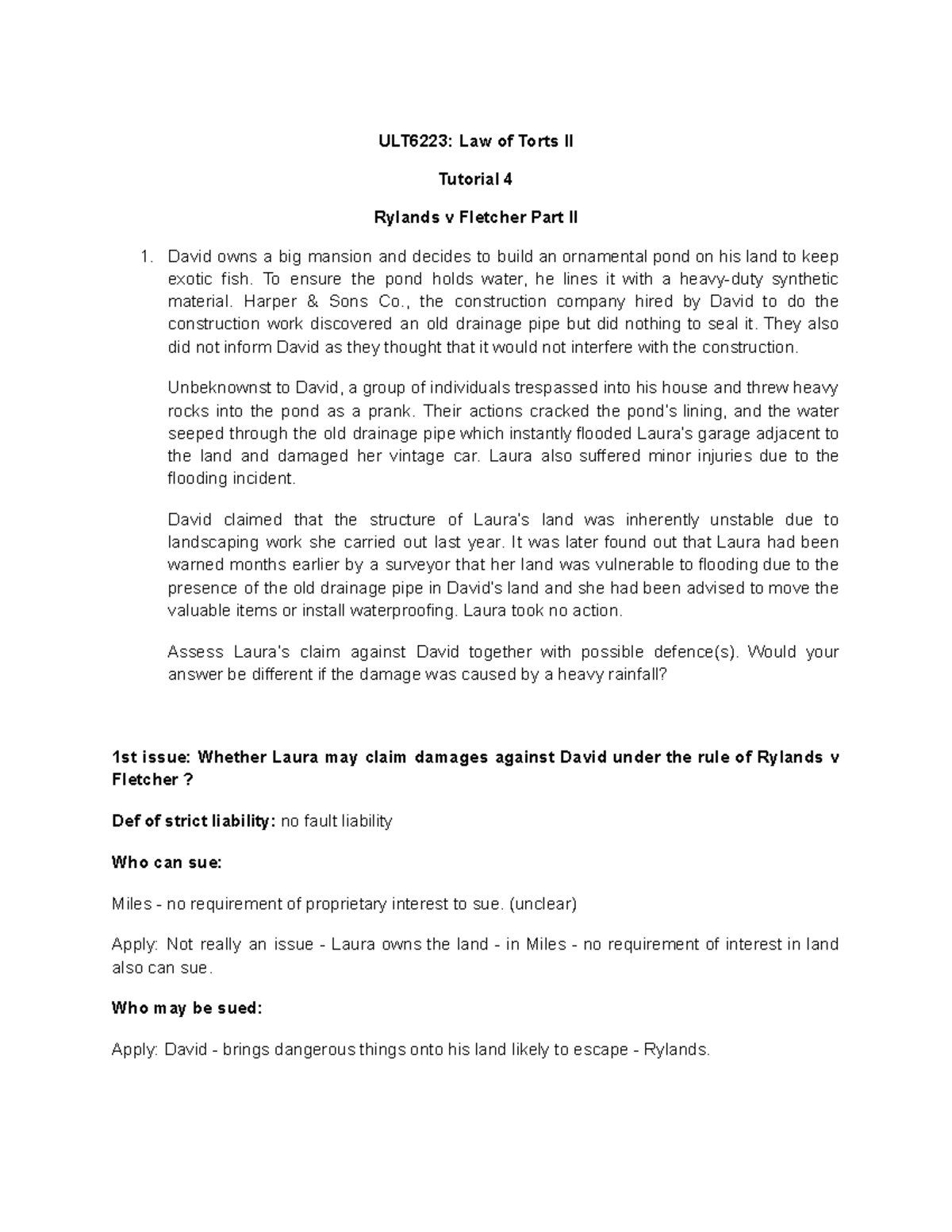 ULT6223: Law of Torts II Tutorial 4 - Rylands v Fletcher Analysis - Studocu