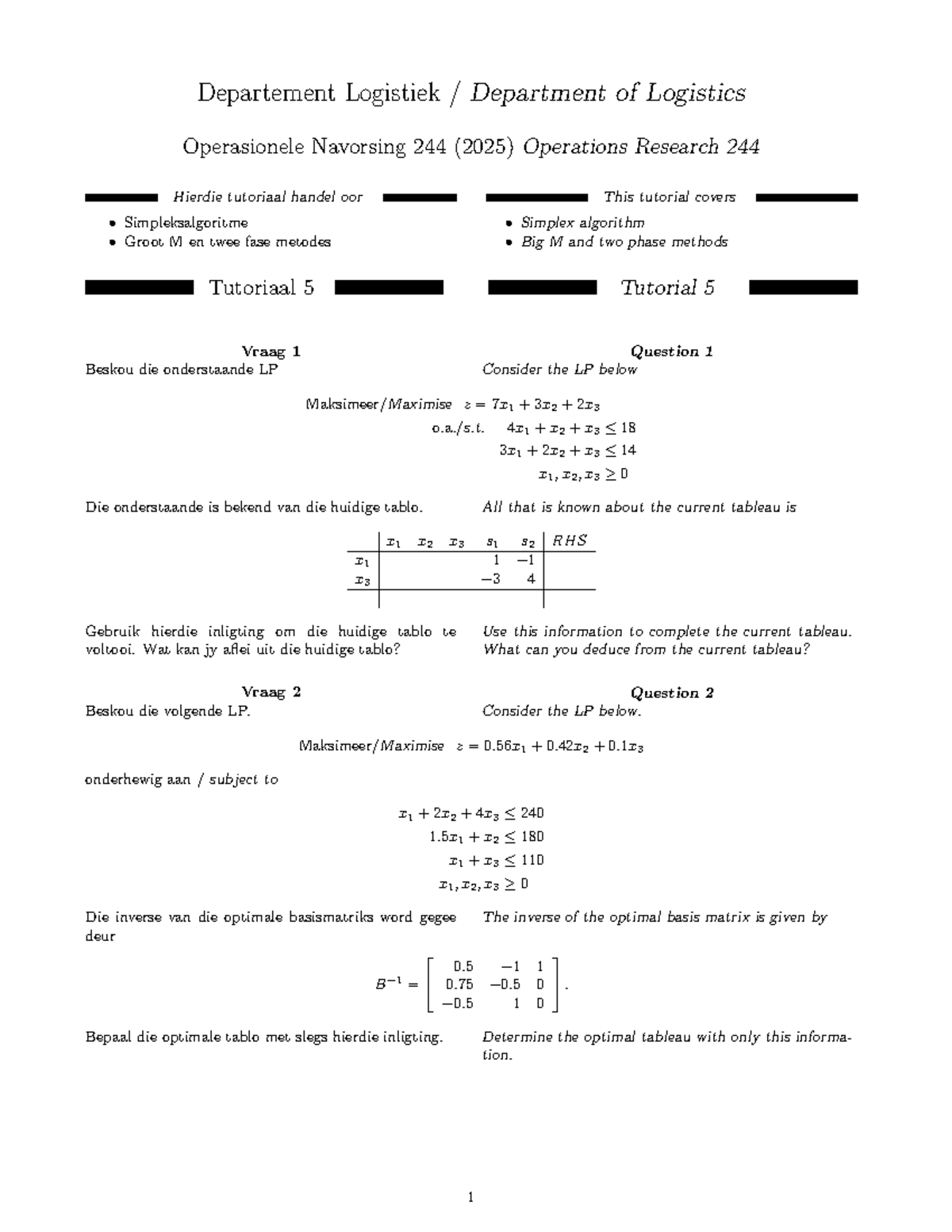 Operations Research 244: Tutorial 5 on Simplex Algorithm and LP - Studocu