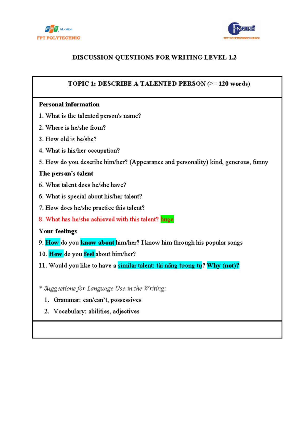 DISCUSSION QUESTIONS FOR WRITING LEVEL 1.2: TALENTED & FAMOUS PEOPLE ...