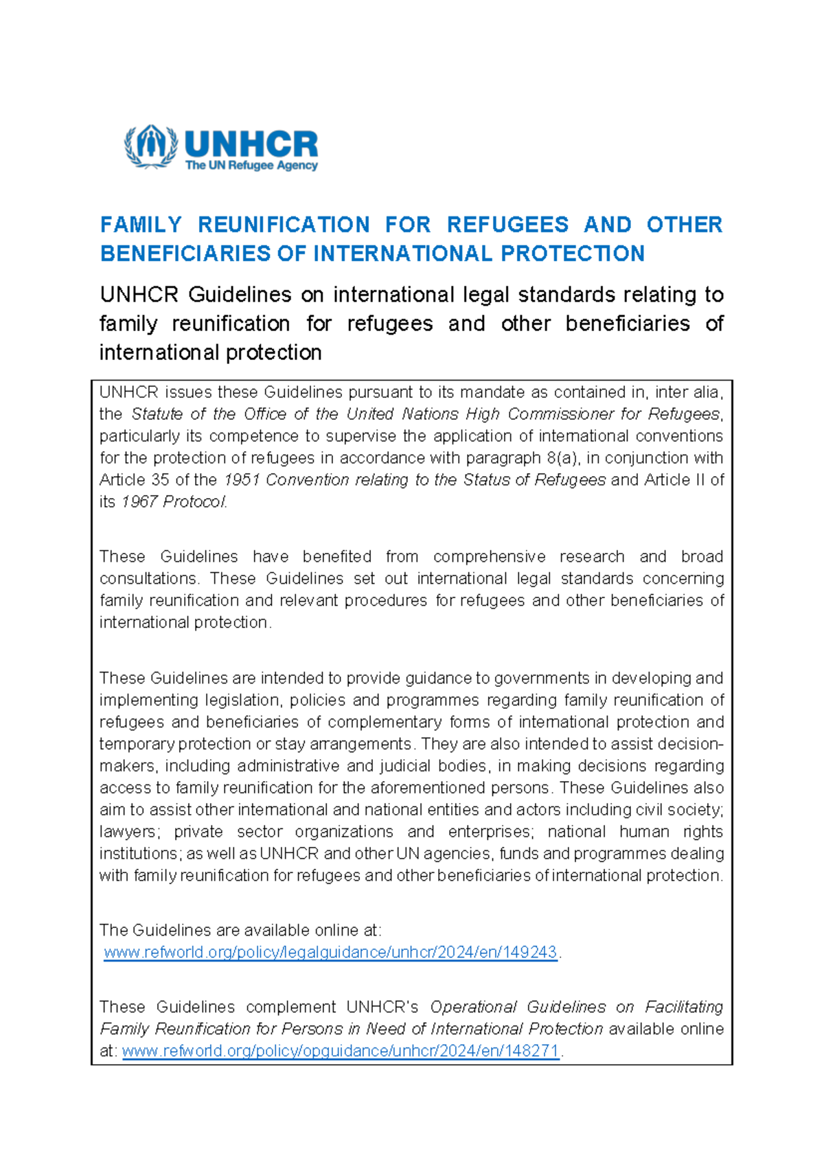 UNHCR Guidelines on Family Reunification for Refugees and Beneficiaries ...
