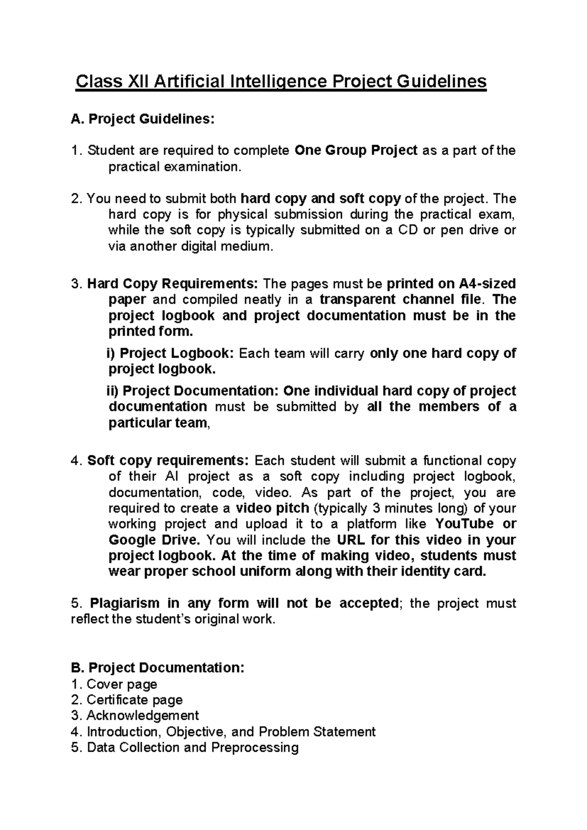 Class XII AI Project Guidelines and Requirements 2025 - Studocu