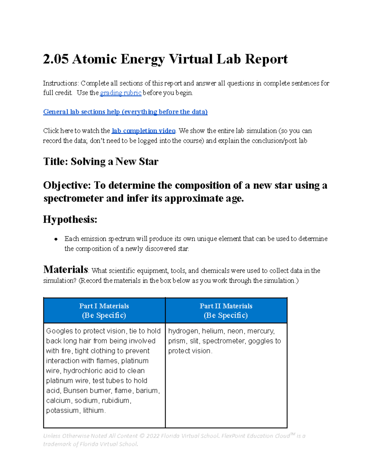 Copy of 2.05 - Atomic Energy Lab Report for FLVS Chemistry 1 Honors ...