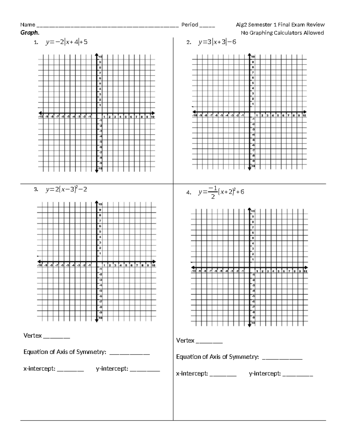 Alg2 S1 Final Exam Review Packet: Key Concepts and Practice Problems ...