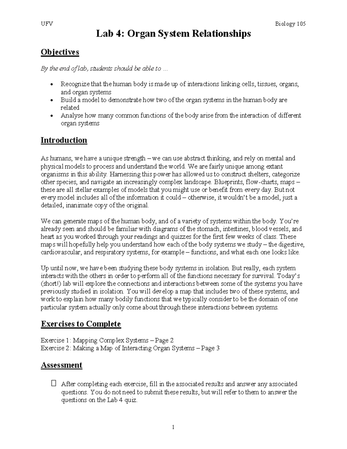 UFV BIOL105 F2022 Lab 4: Exploring Organ System Interactions - Studocu