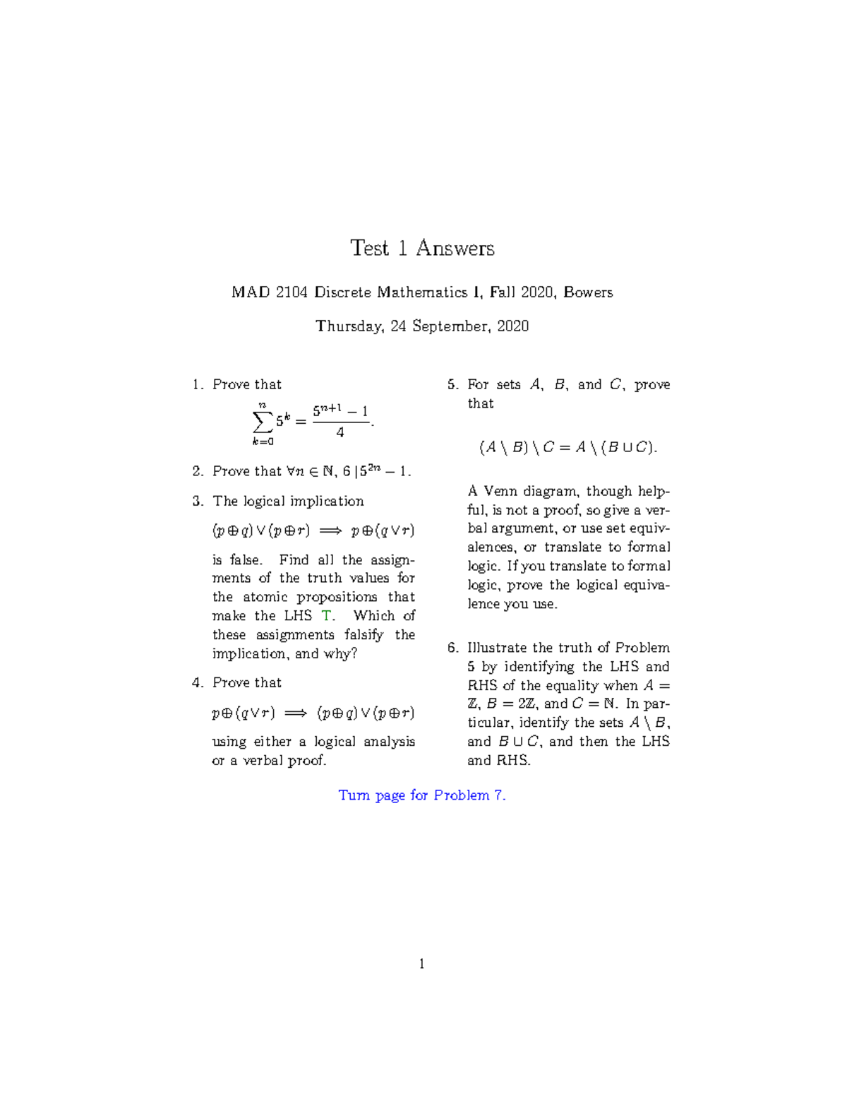 Test 1 Answers for MAD 2104 Discrete Mathematics I, Fall 2020 - Studocu