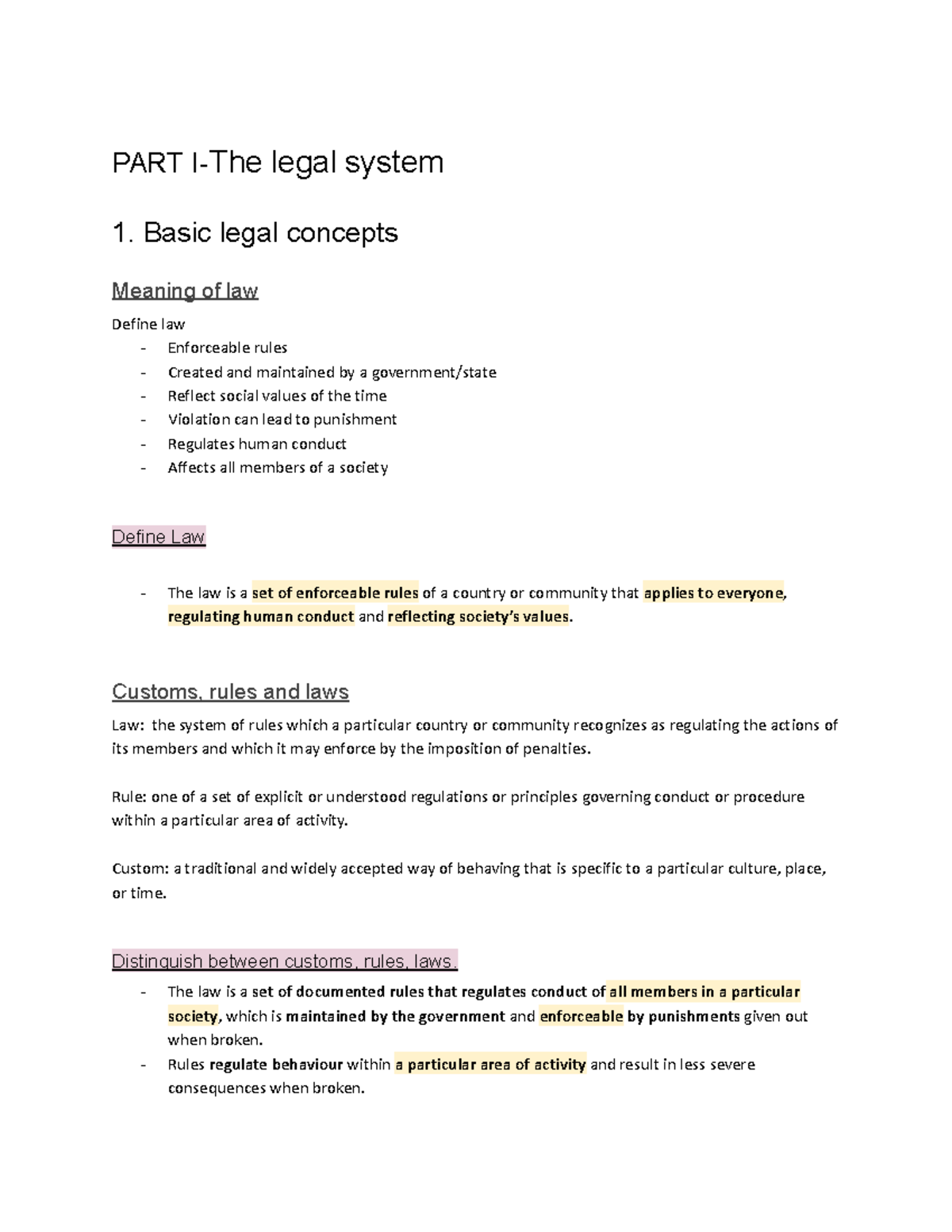 PART I-The legal system - Basic legal concepts Meaning of law Define ...