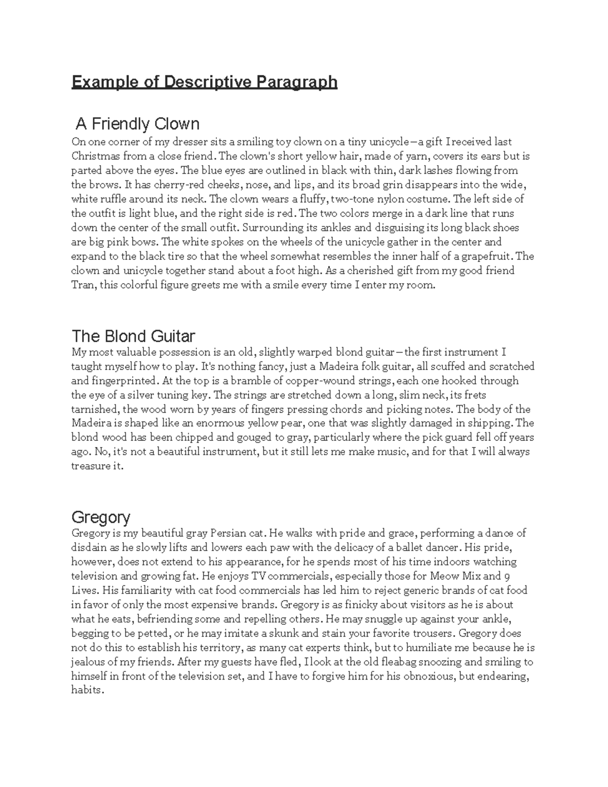 Descriptive Paragraphs: A Friendly Clown & My Beloved Cat - Studocu