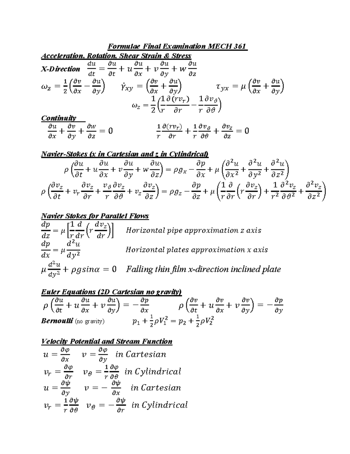 MECH 361 Final Exam Formulae Sheet on Fluid Mechanics Concepts - Studocu