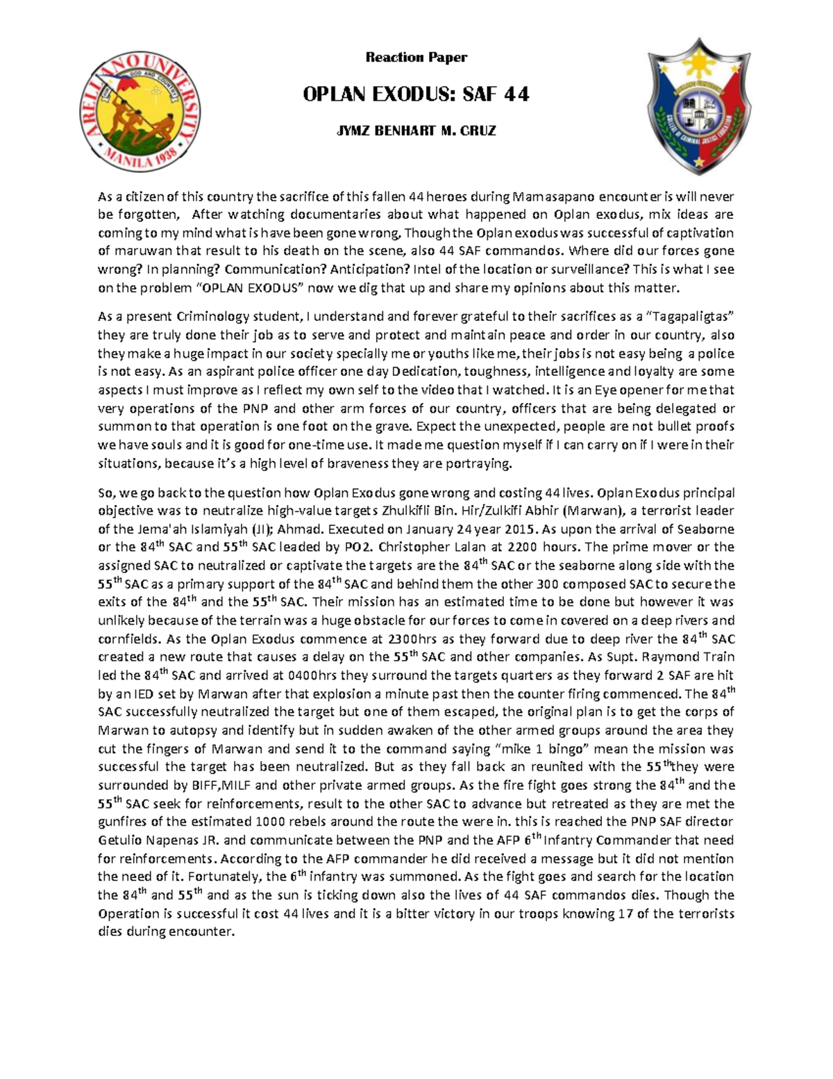 SAF 44 Reaction Paper on Oplan Exodus: A Critical Analysis - Studocu