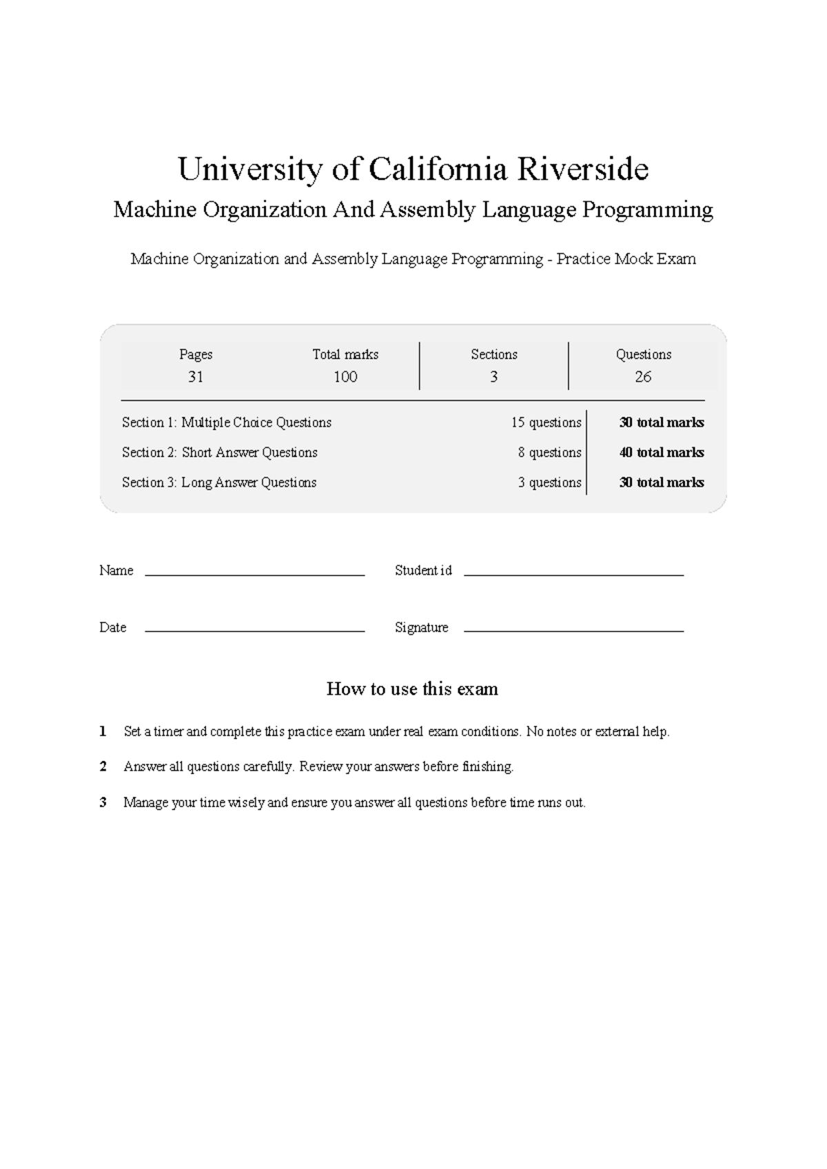 CS 061 Machine Organization & Assembly Language Programming Mock Exam ...