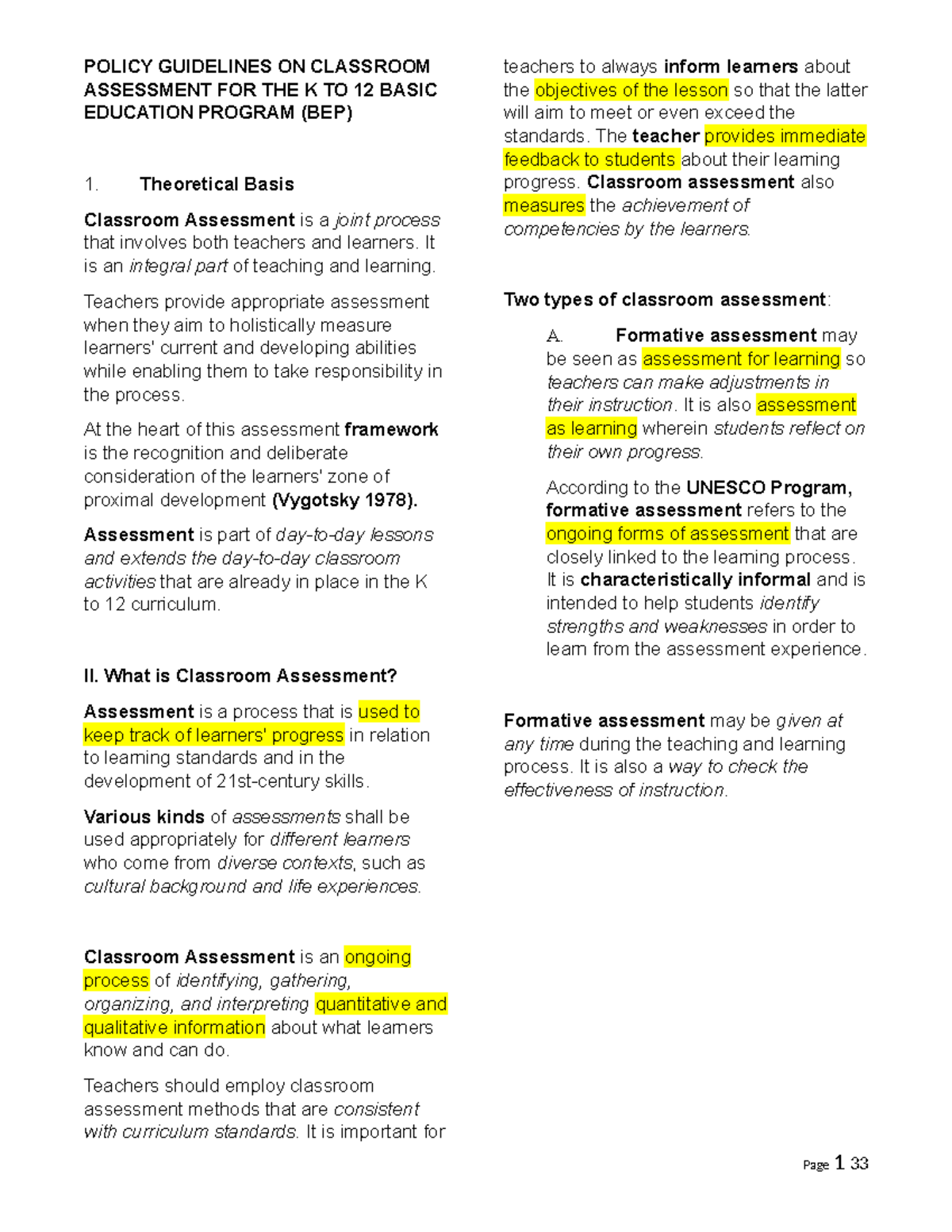 POLICY GUIDELINES ON CLASSROOM ASSESSMENT FOR K TO 12 BEP 2025 - Studocu