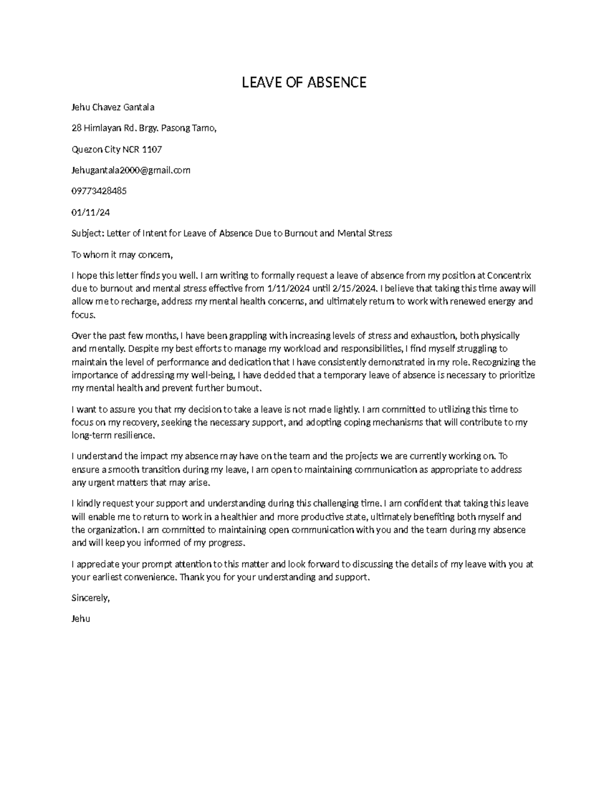 Jehu Chavez Gantala LOA Application Letter for Mental Health Recovery ...