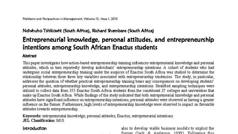 Entrepreneurial Knowledge and Intentions Among Enactus Students (MGT ...