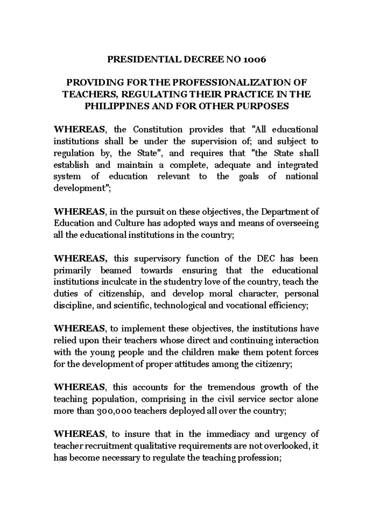 Presidential Decree No. 1006: Professionalizing the Teaching Profession ...
