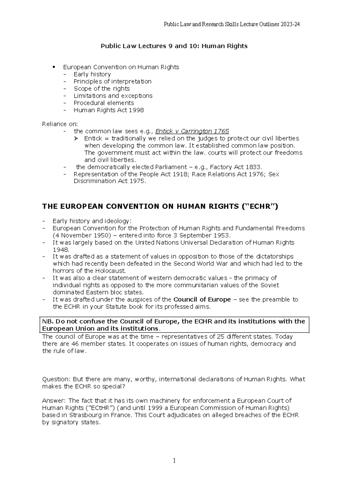 Public Law (PL101) Lecture 9 & 10: Human Rights Overview - Studocu