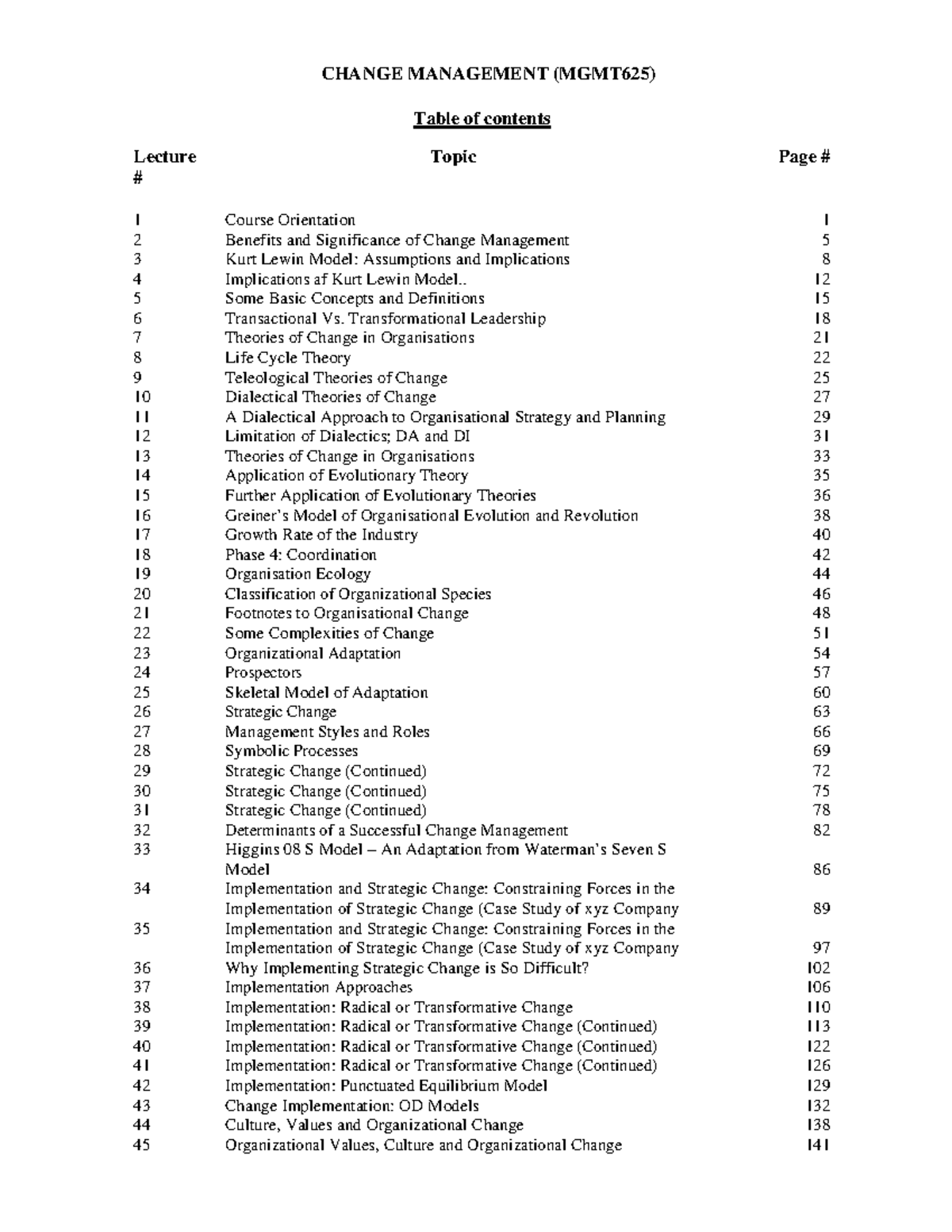 MGMT625 Lecture Handouts: Change Management Overview and Insights - Studocu