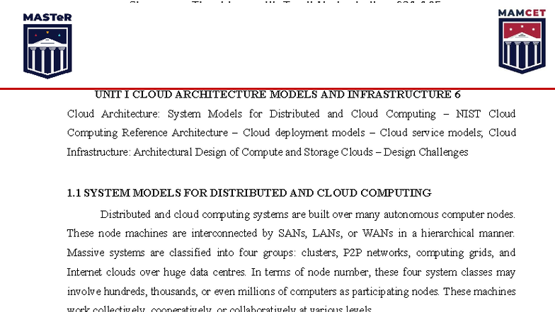CLOUD ARCHITECTURE MODELS & INFRASTRUCTURE - UNIT I (IT 621) - Studocu