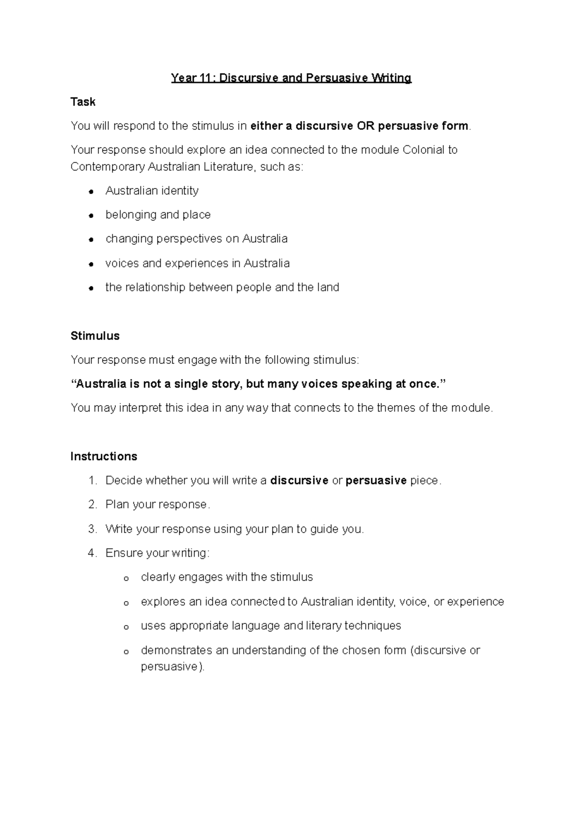Year 11: Discursive & Persuasive Writing Task Scaffolds - Studocu