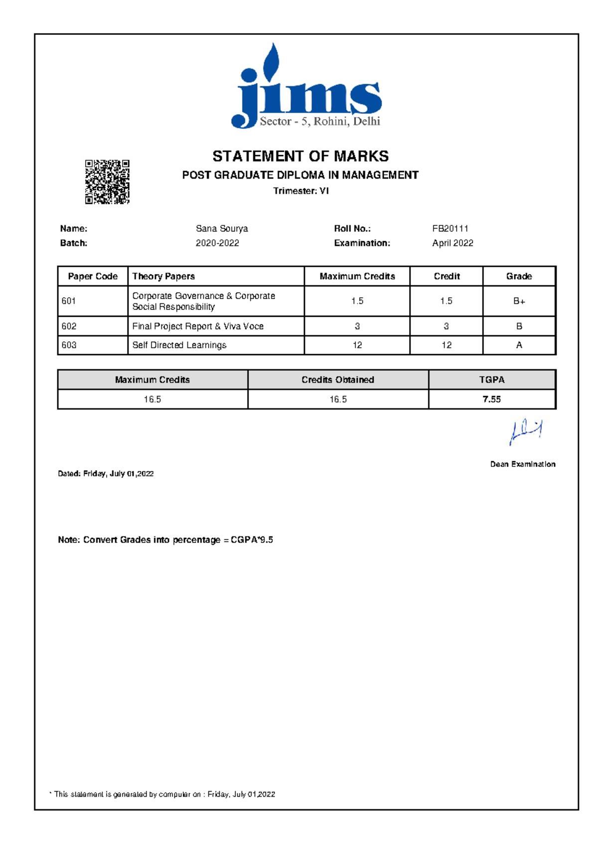PGDM 601-603 Trimester VI Marks Statement - April 2022 - Studocu