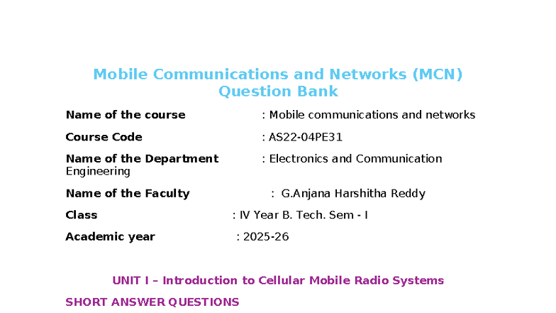 Mobile Communications and Networks (MCN) Question Bank for IV Year B ...