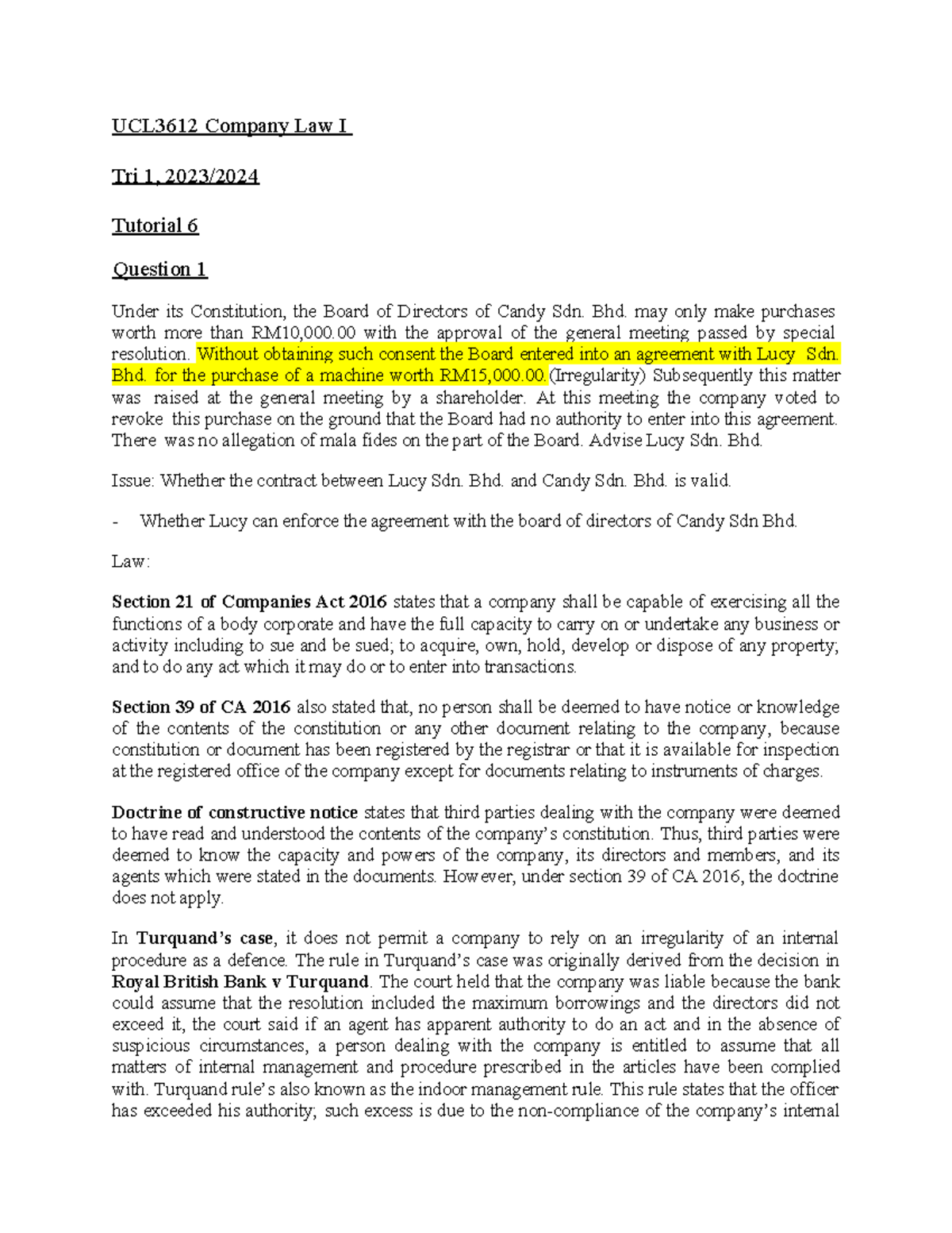 Company Law I Tutorial - UCL3612 Company Law I Tri 1, 2023/ Tutorial 6 ...