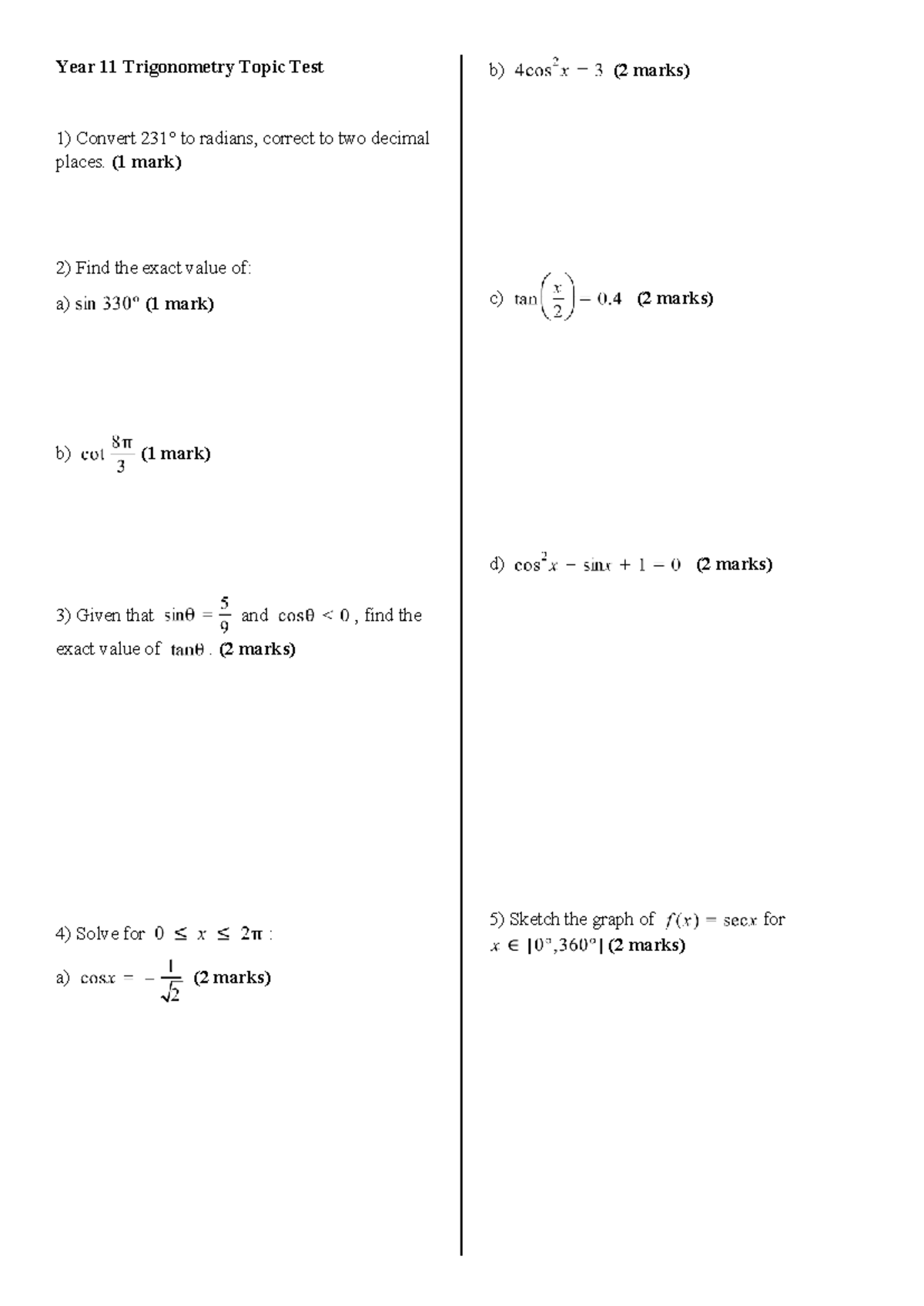 Year 11 Trigonometry Topic Test Solutions - Studocu