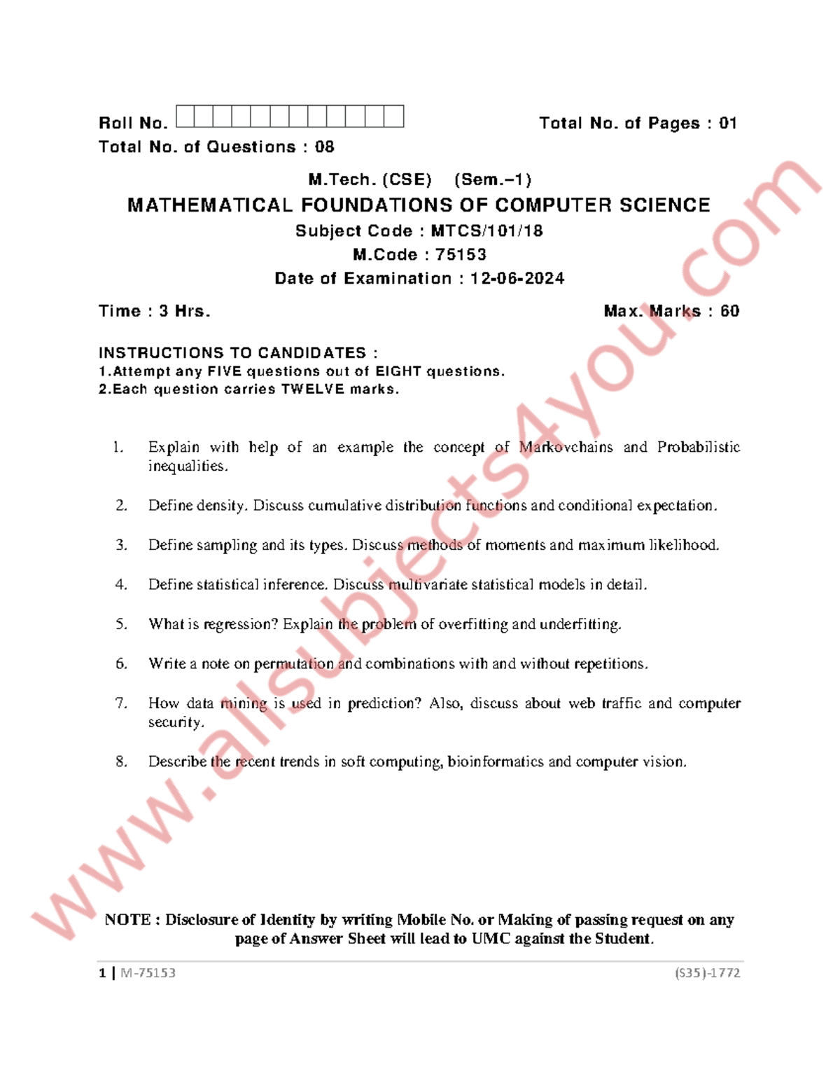 Mtech SEM 1 MTCS 101 Mathematical Foundations Exam Guide - Studocu