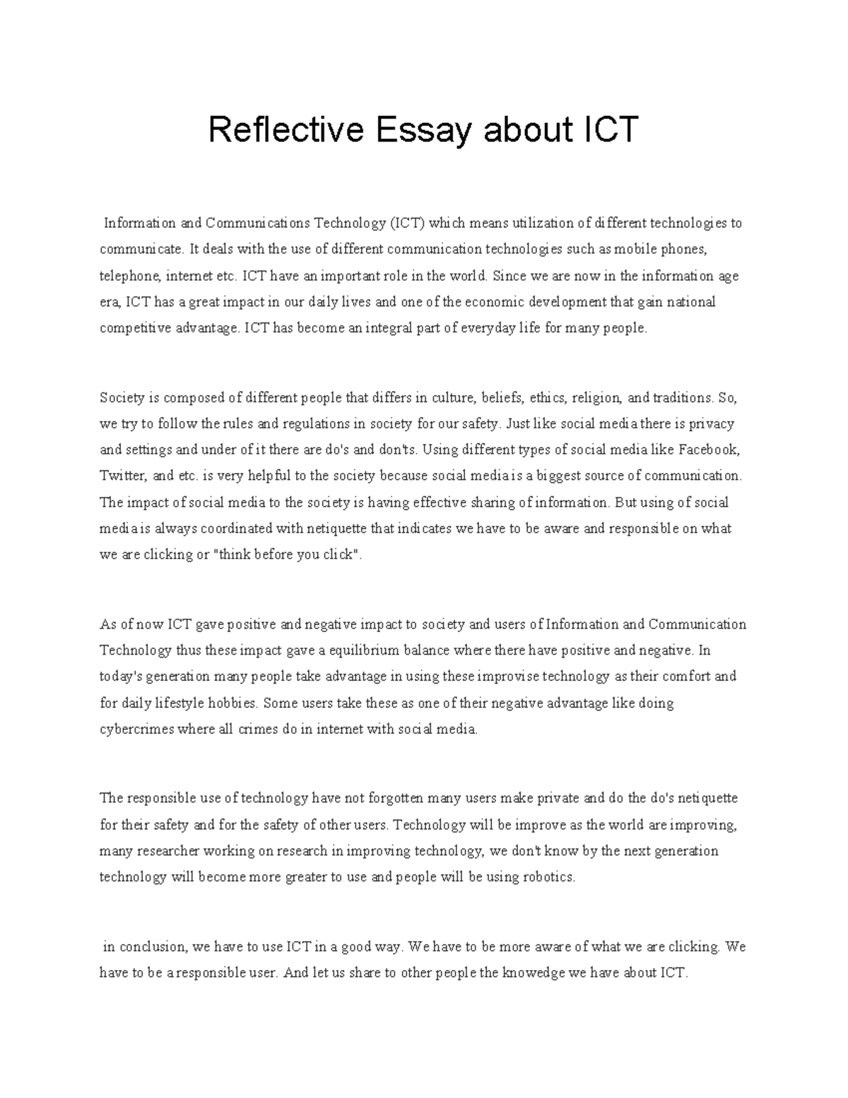 Reflective Essay on ICT and Its Impact on Society - Studocu