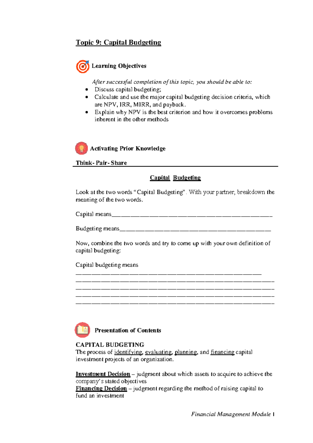 Capital Budgeting: Key Concepts and Decision Criteria (FM 02-09) - Studocu