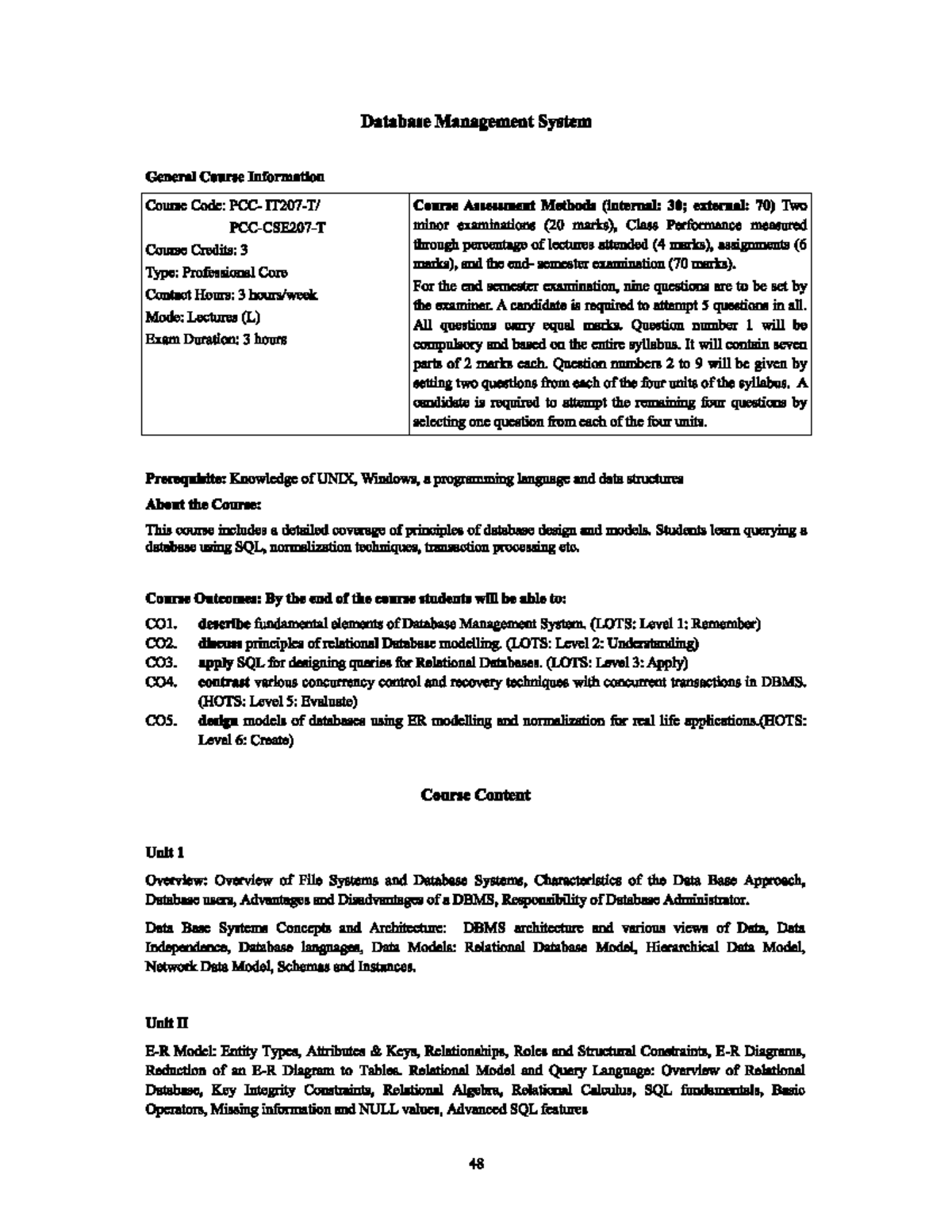 DBMS - Major Course Notes and Assessment Methods (Course Code: 3) - Studocu