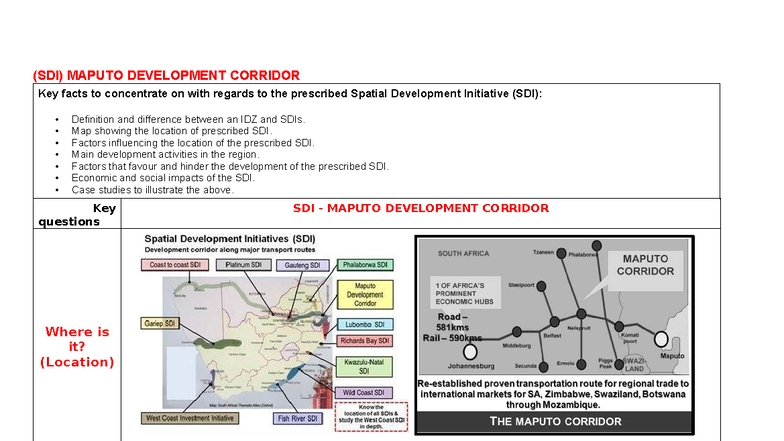 (SDI) Maputo Development Corridor: Key Facts and Economic Impacts - Studocu