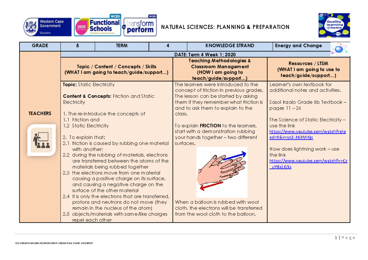 GET GRADE 8 NATURAL SCIENCES DRAFT LESSON PLAN: STATIC ELECTRICITY ...