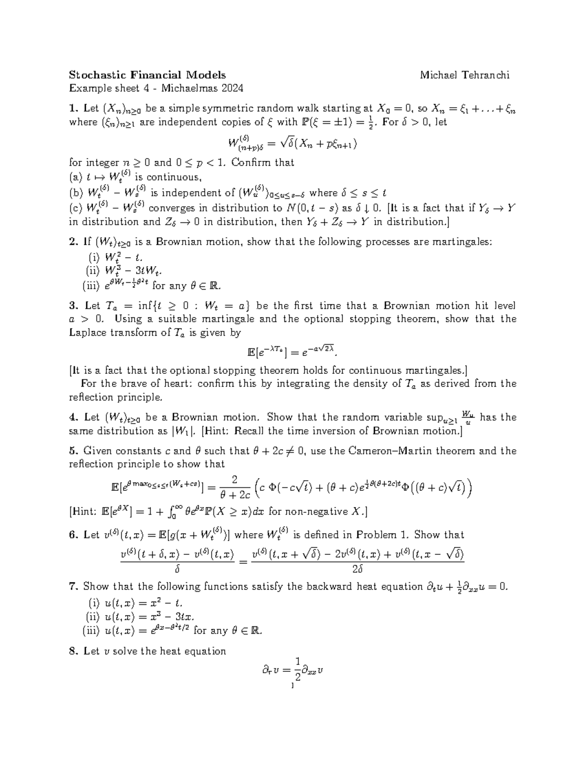 Stochastic Financial Models Example Sheet 4 - Michaelmas 2024 - Studocu