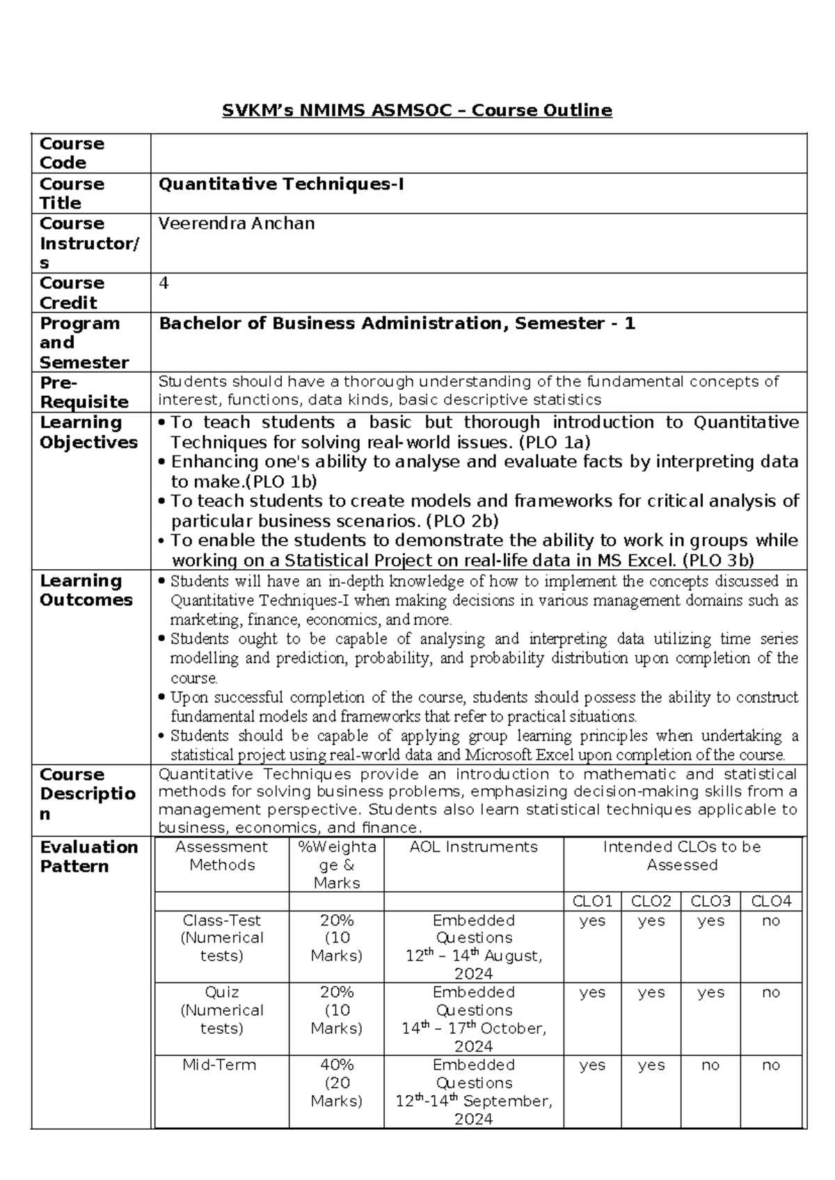 QT1 Course Outline for Quantitative Techniques-I - Semester 1 - Studocu