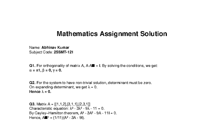 Mathematics Assignment Solutions Q1-Q10 by Abhinav Kumar - Studocu