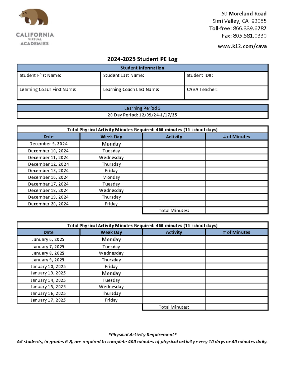 Student PE Log LP5 24-25 - 2024 - 2025 Student PE Log Student ...