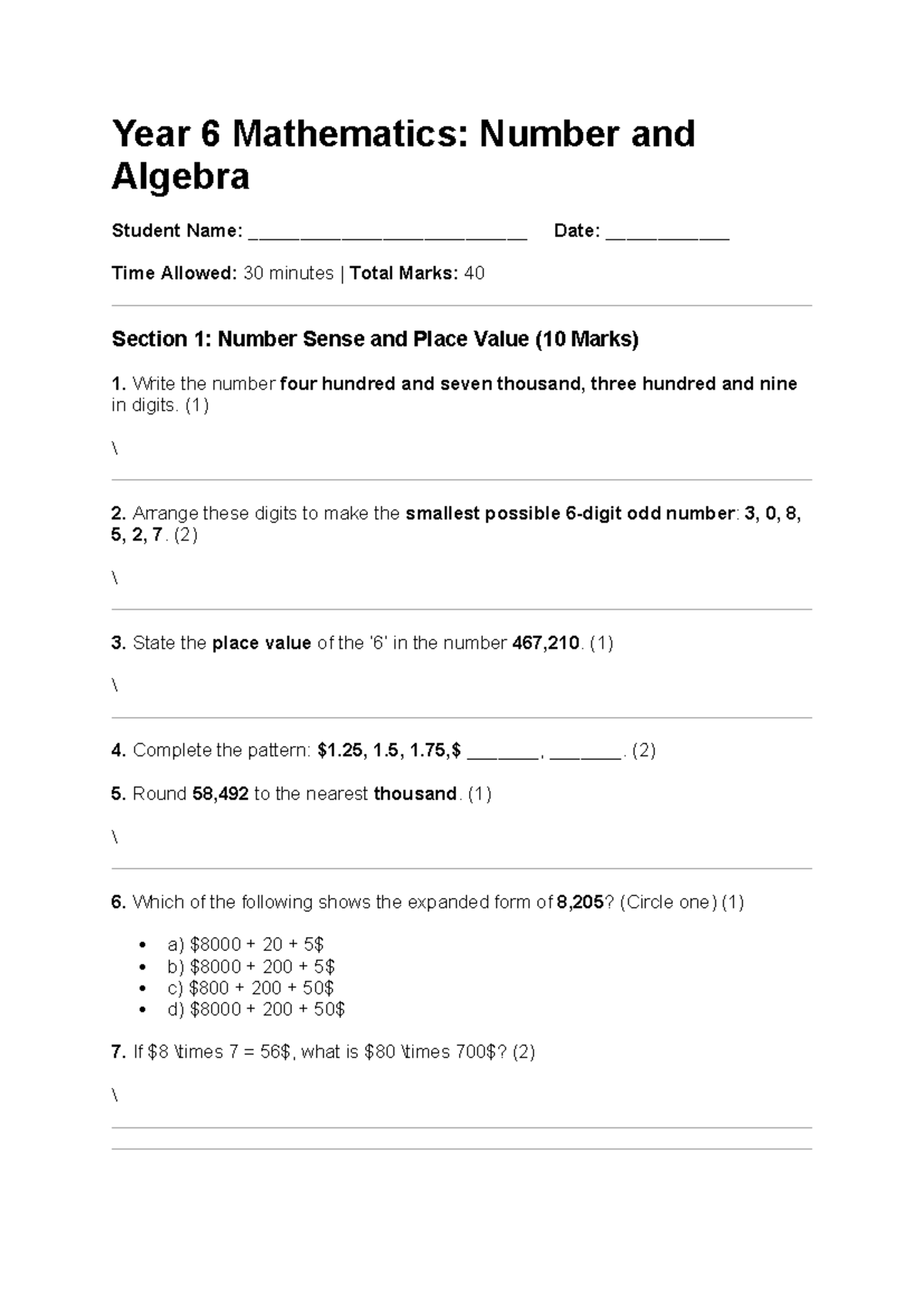 Year 6 Mathematics: Number and Algebra Exam (30 min, 40 Marks) - Studocu
