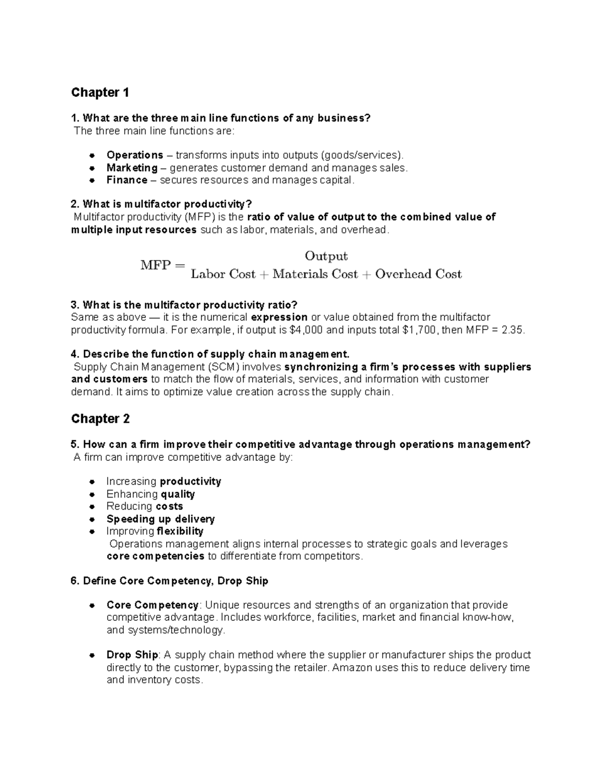 QTR301E Exam #1 Study Guide: Key Concepts in Operations Management ...