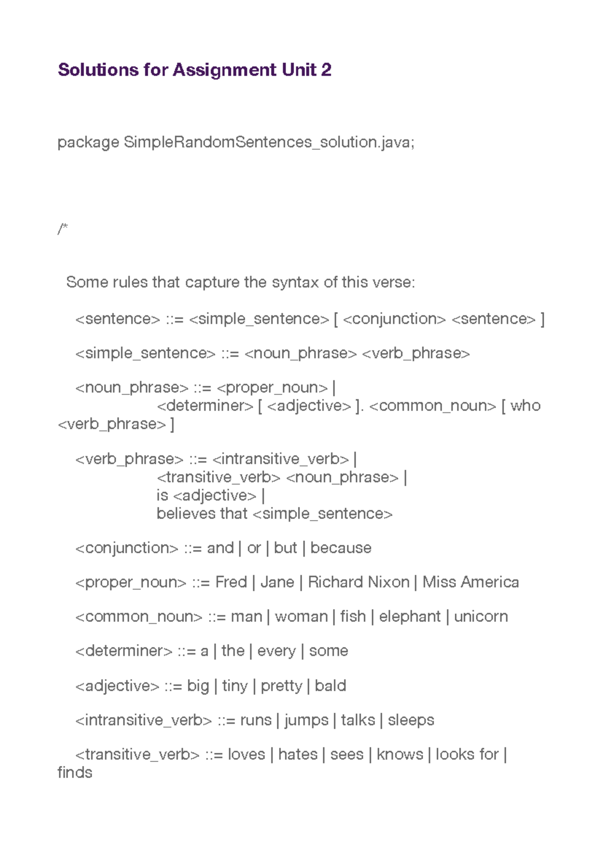Solutions for Assignment Unit 2: Random Sentence Generator Code - Studocu