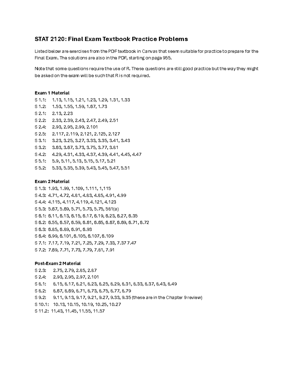 STAT 2120: Final Exam Practice Problems from Textbook - Studocu