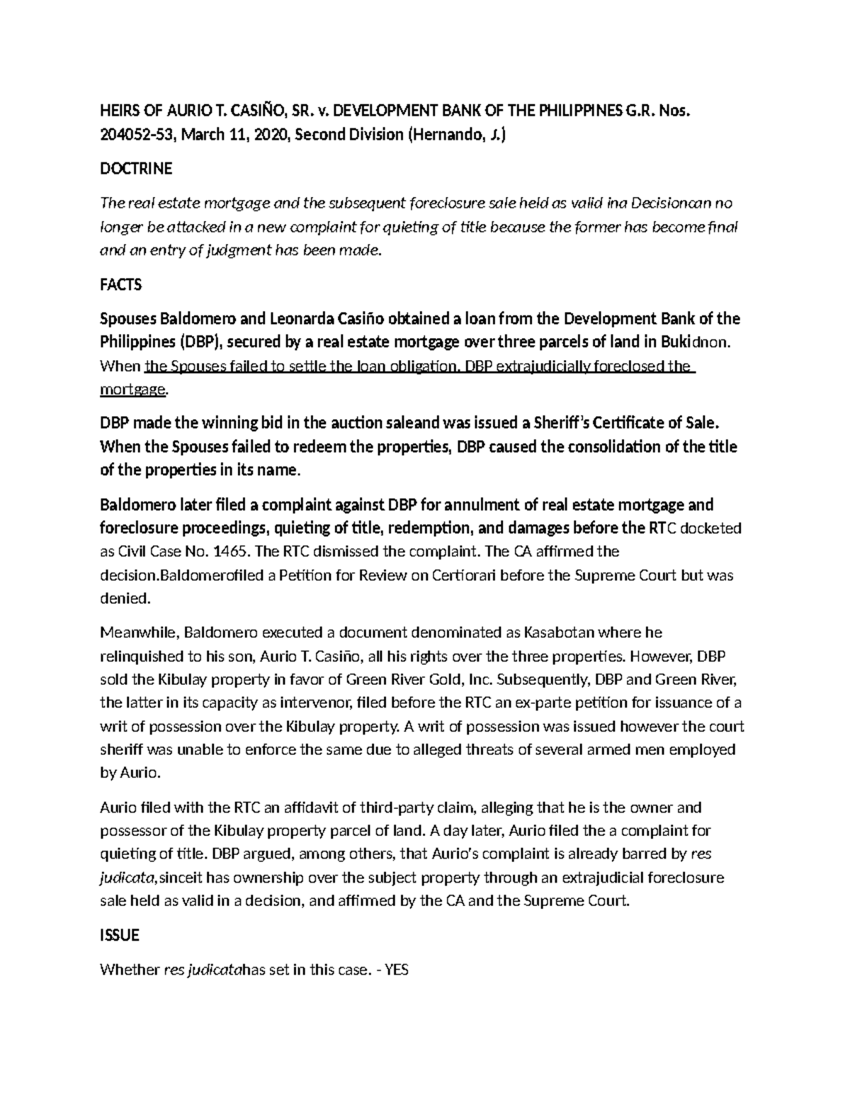 HEIRS OF AURIO T. CASIÑO, SR. v. DBP: Case Digest & Ruling Analysis ...