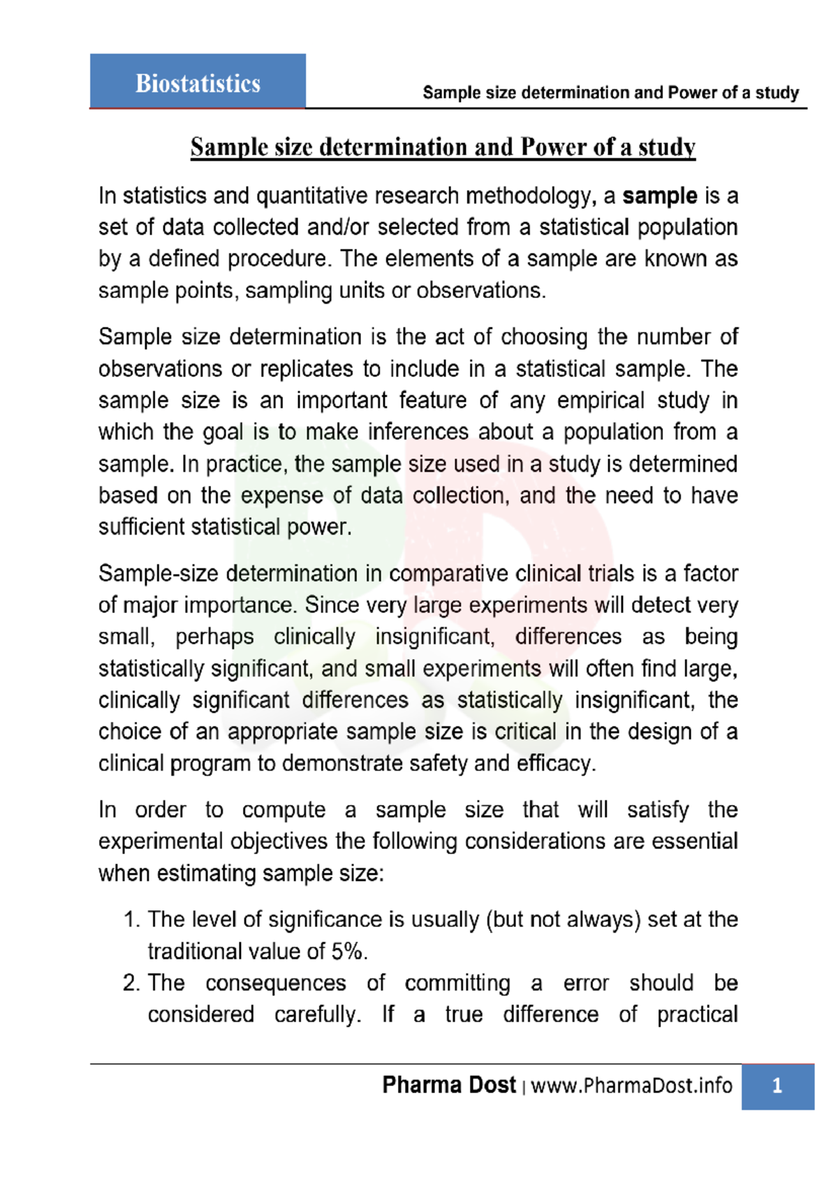 1C. Biostatistics: Sample Size Determination & Study Power Analysis ...