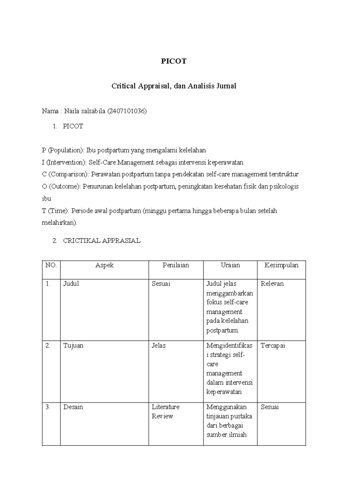 PICOT Critical Appraisal & Journal Analysis (2407101036) - Studocu